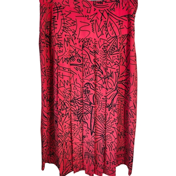 Vintage 100% Silk Red Pleat Front Midi Skirt Abstract Pattern size 12 - Picture 1 of 7
